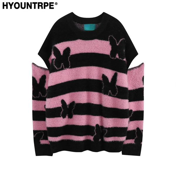 fashion striped sweaters women casual botton open sleeves butterfly knitted streetwear y2k warm furry o neck pullover knitwear - graphic printed hoodie for men and women, gothic aesthetic hoodie for winter, oversized streetwear hoodie