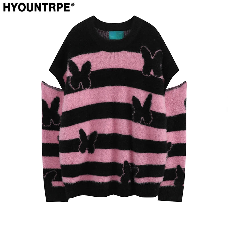 fashion striped sweaters women casual botton open sleeves butterfly knitted streetwear y2k warm furry o neck pullover knitwear - graphic printed hoodie for men and women, gothic aesthetic hoodie for winter, oversized streetwear hoodie