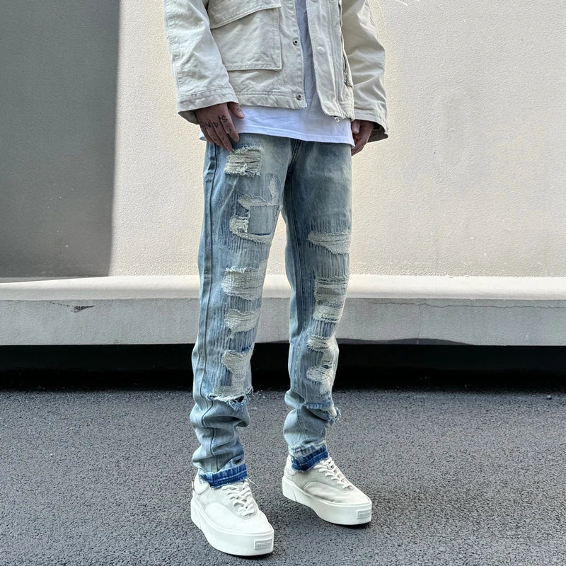 mens high street denim jean pants new casual blue slim ripped holes straight zipper jeans trousers hip hop streetwear joggers relaxed fit joggers
