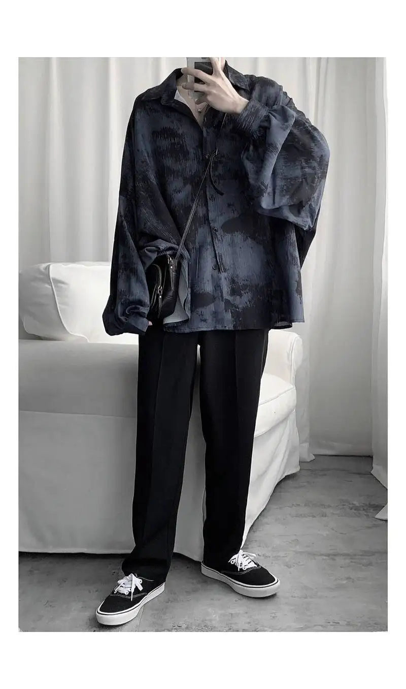 Tie dye loose shirt men long sleeved early autumn Korean version student ins men shirt dark abstinence