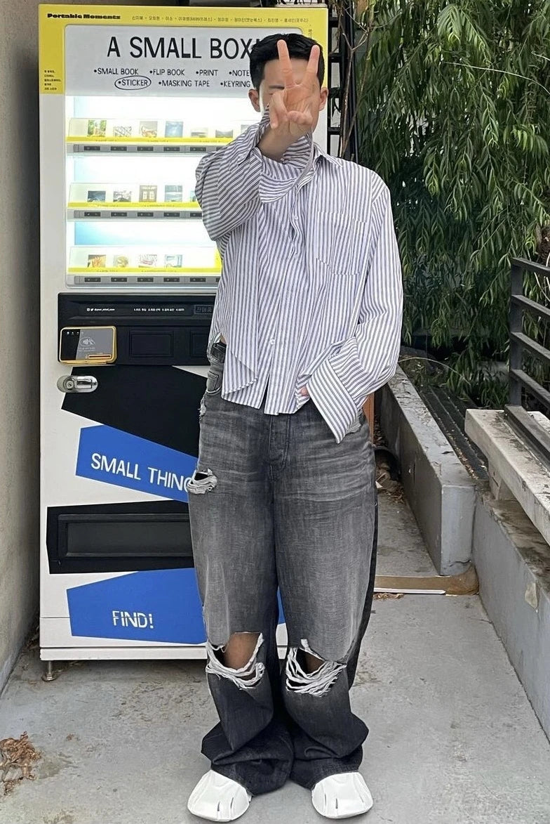 baggy damaged heavy industry washed jeans pants vibe loose casual silhouette straight worn pants knee ripped denim trousers unique jeans style 1175