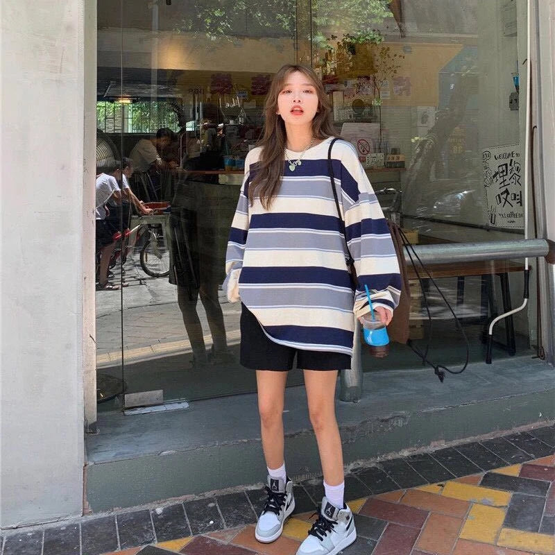 Harajuku Vintage print – Women T Shirts Striped Sweatshirt Thin Tops 2024 Spring Wome