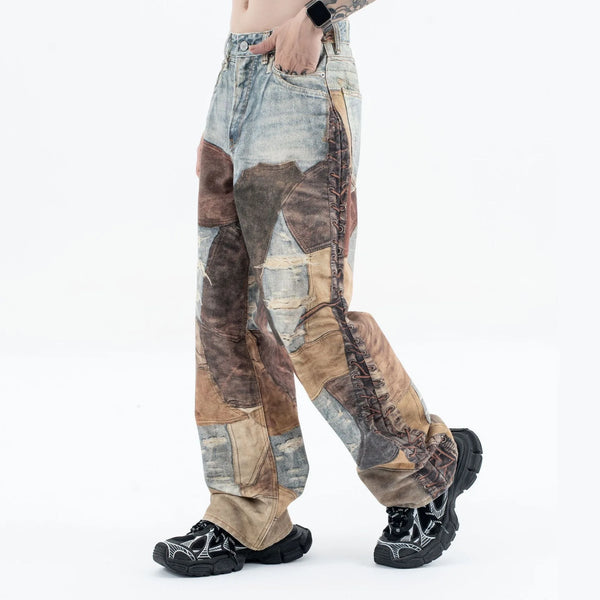 2024 autumn and winter new stitching ripped jeans