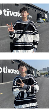 varsity graphic knit, unisex street look, trendy streetwear apparel for men and women
