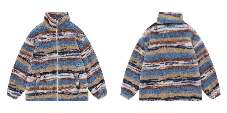 Trapwear Streetwear – Mens Casual Striped Fleece Jackets Coats New Hairy Stand – Streetwear Fashion for Men & Women