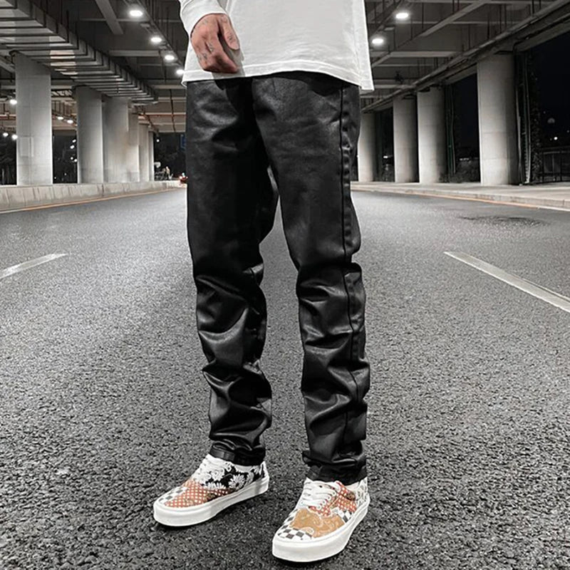 harajuku black jeans mens vibe waxed casual trousers straight pockets oversized pencil pants loose hip hop mens pants denim street jeans