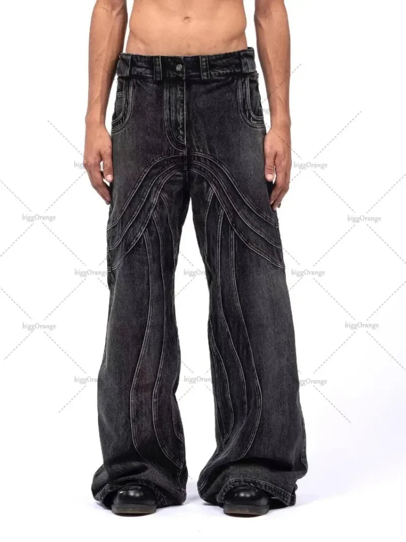 jeans for mens solid color retro work jeans y2k clothes men and women casual floor mopping pants hollow design cotton loose unique jeans style 2623