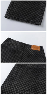 men streetwear fashion hip hop loose casual print black plaid denim pant jeans man vibe straight cowboy baggy jeans trousers unique jeans style 1576