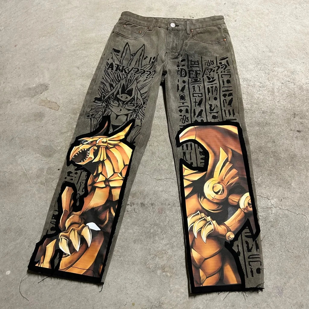 harajuku y2k baggy jeans the winged dragon of ra print wide leg denim pants popular anime jeans streetwear trouser men clothing stacked flare jeans