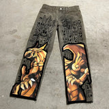 harajuku y2k baggy jeans the winged dragon of ra print wide leg denim pants popular anime jeans streetwear trouser men clothing stacked flare jeans