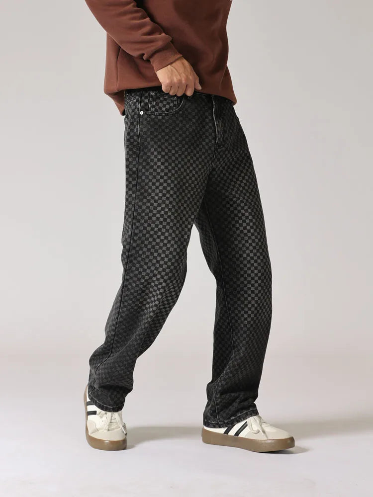 men streetwear fashion hip hop loose casual print black plaid denim pant jeans man vibe straight cowboy baggy jeans trousers unique jeans style 1567