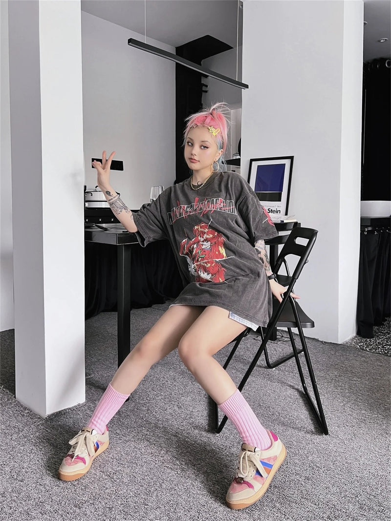 Y2K vintage t-shirt featuring 2024 new summer vintage retro anime printing high street cotton casual loose good quality heavy texture t shirt tops