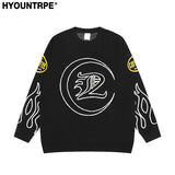 hip hop knitted sweater men letter fire pattern o neck pullover streetwear casual loose sweater unisex harajuku jumpers knitwear oversized graphic print design, Y2K vintage urban hoodie, unique limited edition hoodie