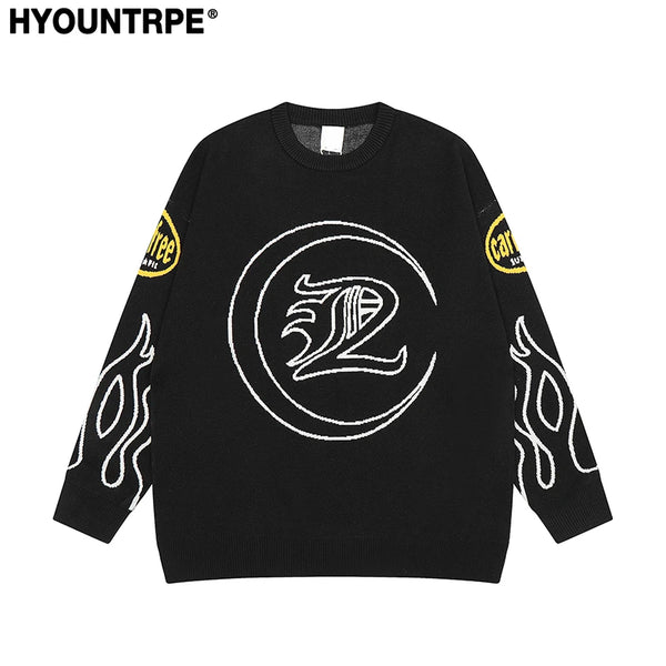 hip hop knitted sweater men letter fire pattern o neck pullover streetwear casual loose sweater unisex harajuku jumpers knitwear oversized graphic print design, Y2K vintage urban hoodie, unique limited edition hoodie