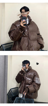 Winter Jacket Men Parkas Thicken Warm Coat Stand Collar Oversize Parkas Bright Leather Fabric Jacket Korean Style Padded Coat