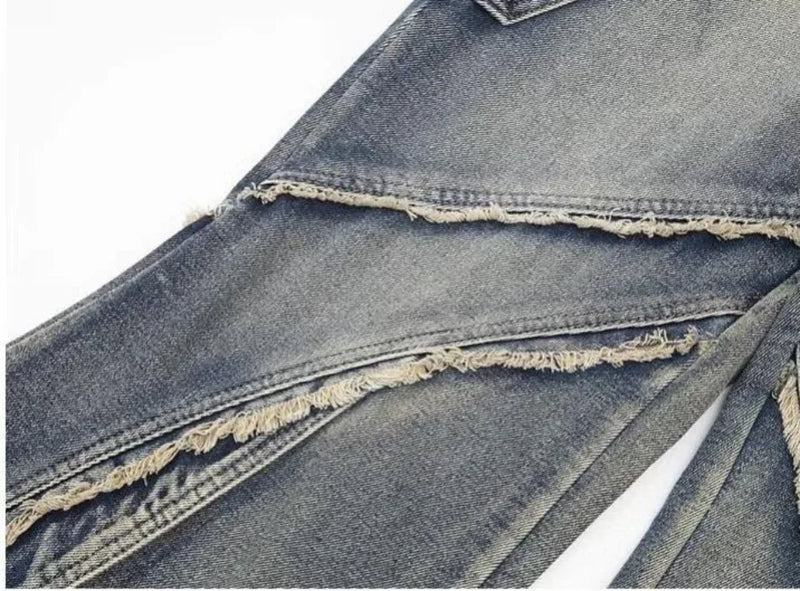 high street jeans mens spring autumn rough edge splicing design trendy denim pants multiple pockets punk cowboy flared trousers unique jeans style 427