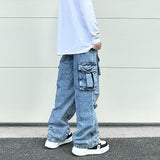 fashion loose streetwear cargo denim jeans unisex casual multi pocket wide legs jean pants hip hop joggers mens baggy jeans unique joggers style 2963