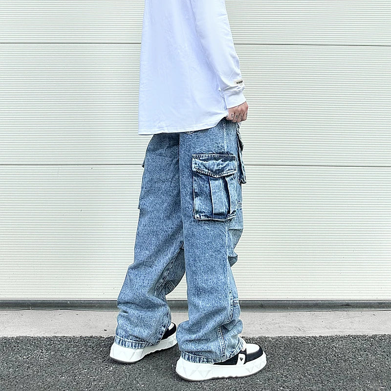 fashion loose streetwear cargo denim jeans unisex casual multi pocket wide legs jean pants hip hop joggers mens baggy jeans unique joggers style 2963
