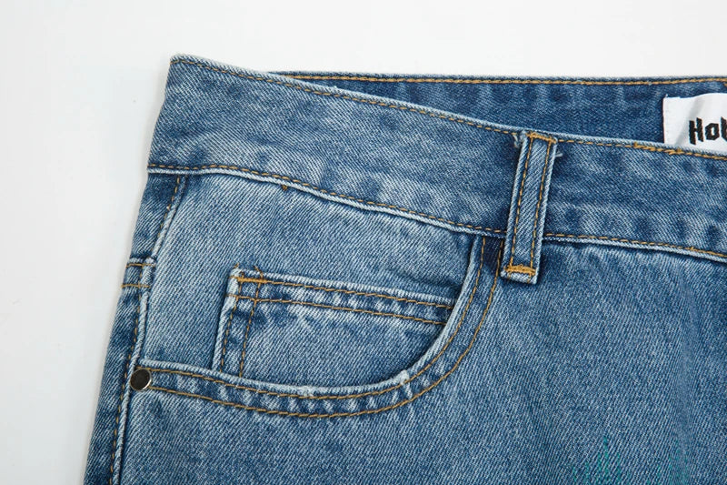 Harajuku Frayed Hole Straight Washed Retro Baggy Men's Jeans High Street Ripped Hip Hop Casual Oversized Denim Trousers