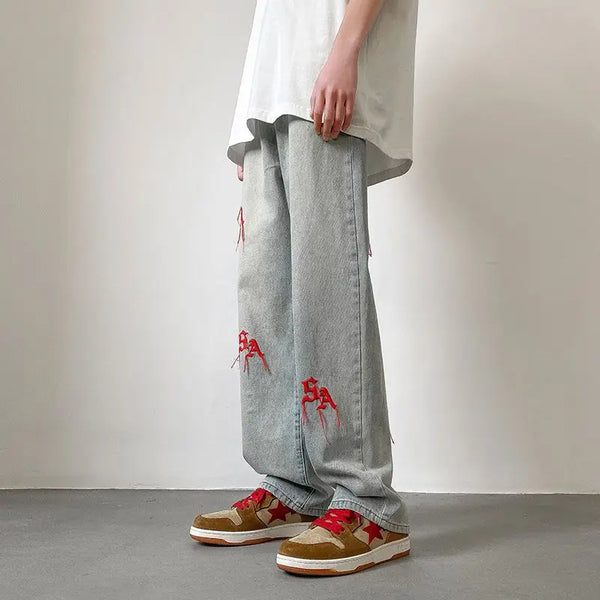 2023 summer new fashion retro embroidery jeans loose straight leg pants versatile wide leg pants boutique clothing simple style vintage washed jeans