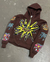 Street Fashion Brand Retro Zipper Hoodie Men Anime Graffiti Print Over