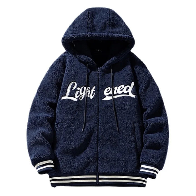 men fleece jackets and coats casual letter embroidery hairy zipper hooded outerwear warm streetwear parkas loose bomber jacke - variant style 47776b for streetwear fashion