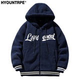 men fleece jackets and coats casual letter embroidery hairy zipper hooded outerwear warm streetwear parkas loose bomber jacke - variant style 47776b for streetwear fashion