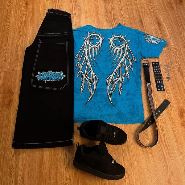 harajuku tapout and wexwear suit graphic embroidered jeans black skateboard pants y2k jeans tracksuit t shirt for men streetwear denim street jeans