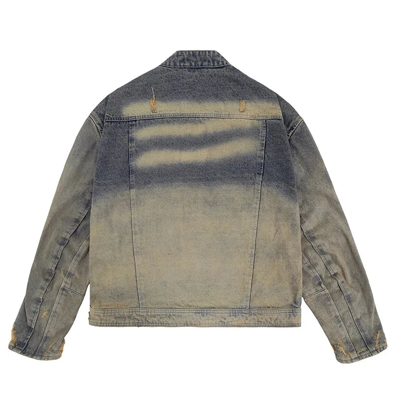 menswear fashion piece featuring collarless wash denim motorcycle jacket design – premium quality jacket for men