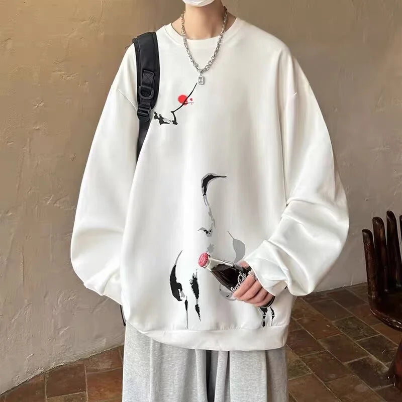 Ink Painting Cartoon Crane Printed Pullover Hoodies For Men 2024 New H