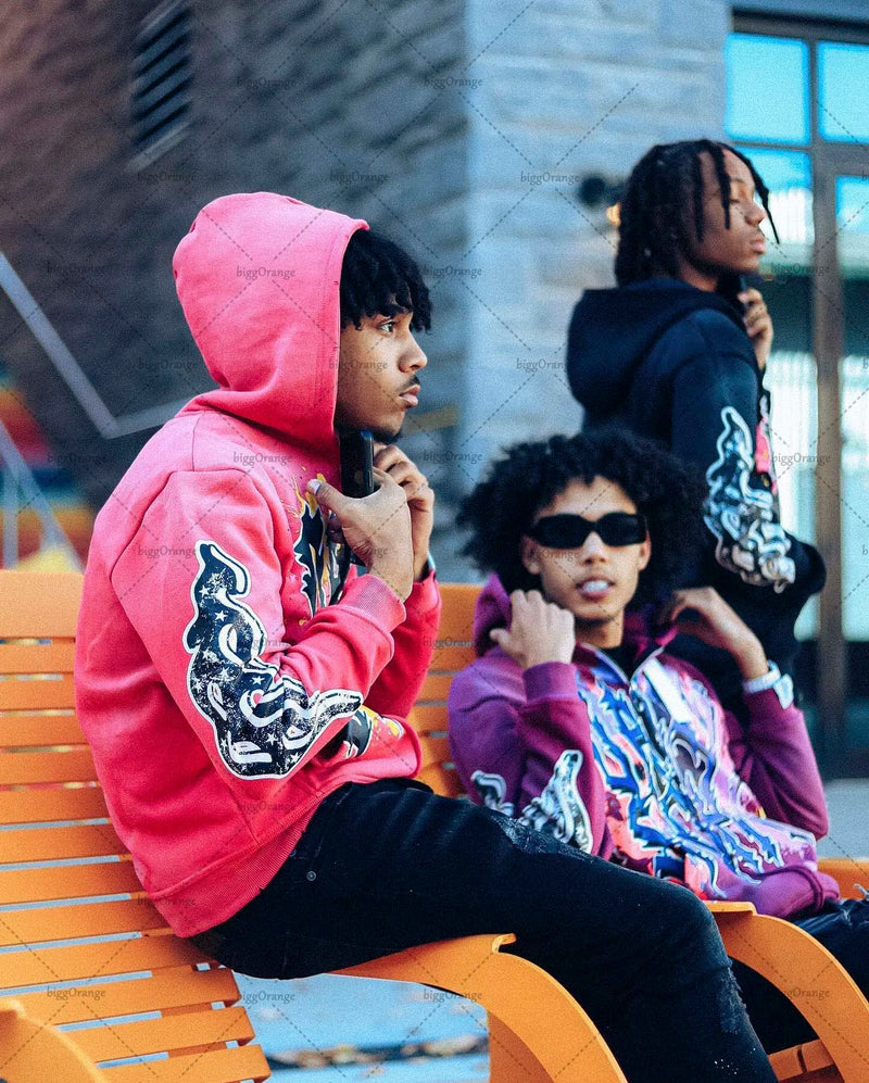 Gothic Punk Trend Pattern Printed Oversize Hoodie Men's 2023 New Street Hip-Hop Versatile Loose Pullover Sweatshirt Women's