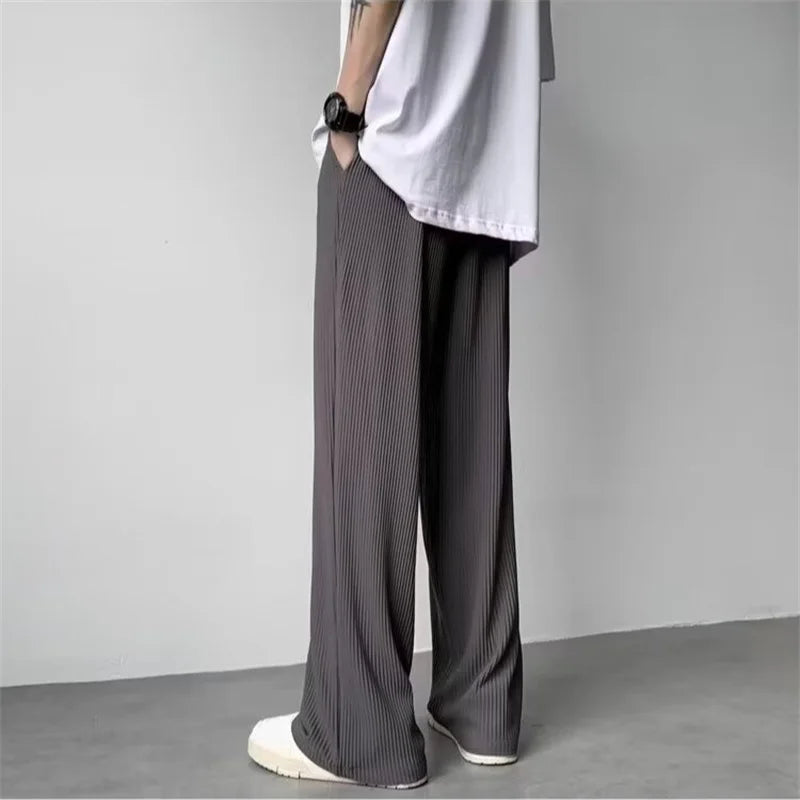 summer texture straight pants for men korean fashion baggy wide leg trousers casual drape pleated striped y2k pantalones hombre clean everyday pants