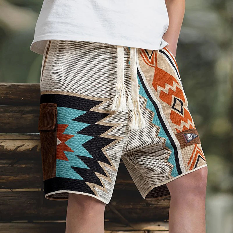 mens casual cargo shorts summer american retro knitted shorts contrast color embroidery geometric beach five point casual pants baggy cargo bottoms