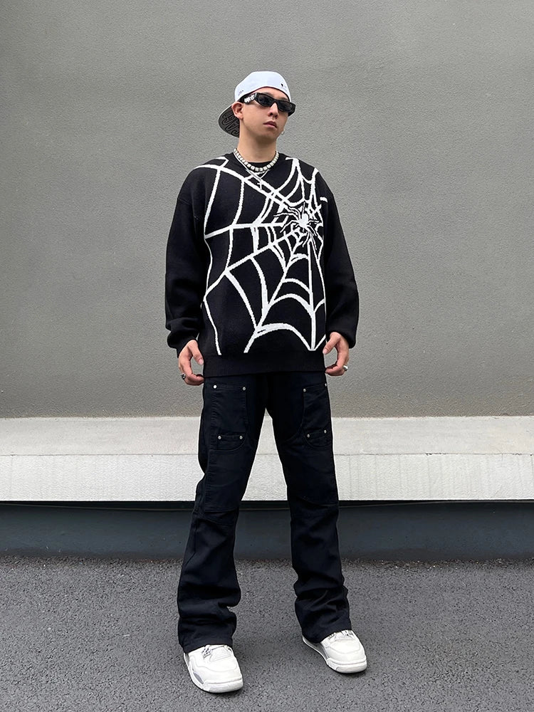 hip hop harajuku spider web pattern knitted sweater unisex pullover streetwear winter casual loose sweater warm jumper knitwear - graphic printed hoodie for men and women, 2025 streetwear drop, high quality cotton hoodie
