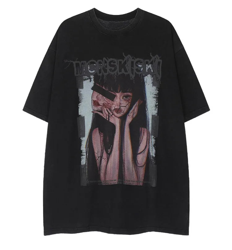 Cyberpunk Aesthetic print tee – Aolamegs Mens Oversized T Shirts Cartoon Cute Girl Graphics