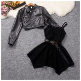 Retro hot girl camisole irregular big swing skirt short leather jacket coffee color set two piece sets womens outifits dress