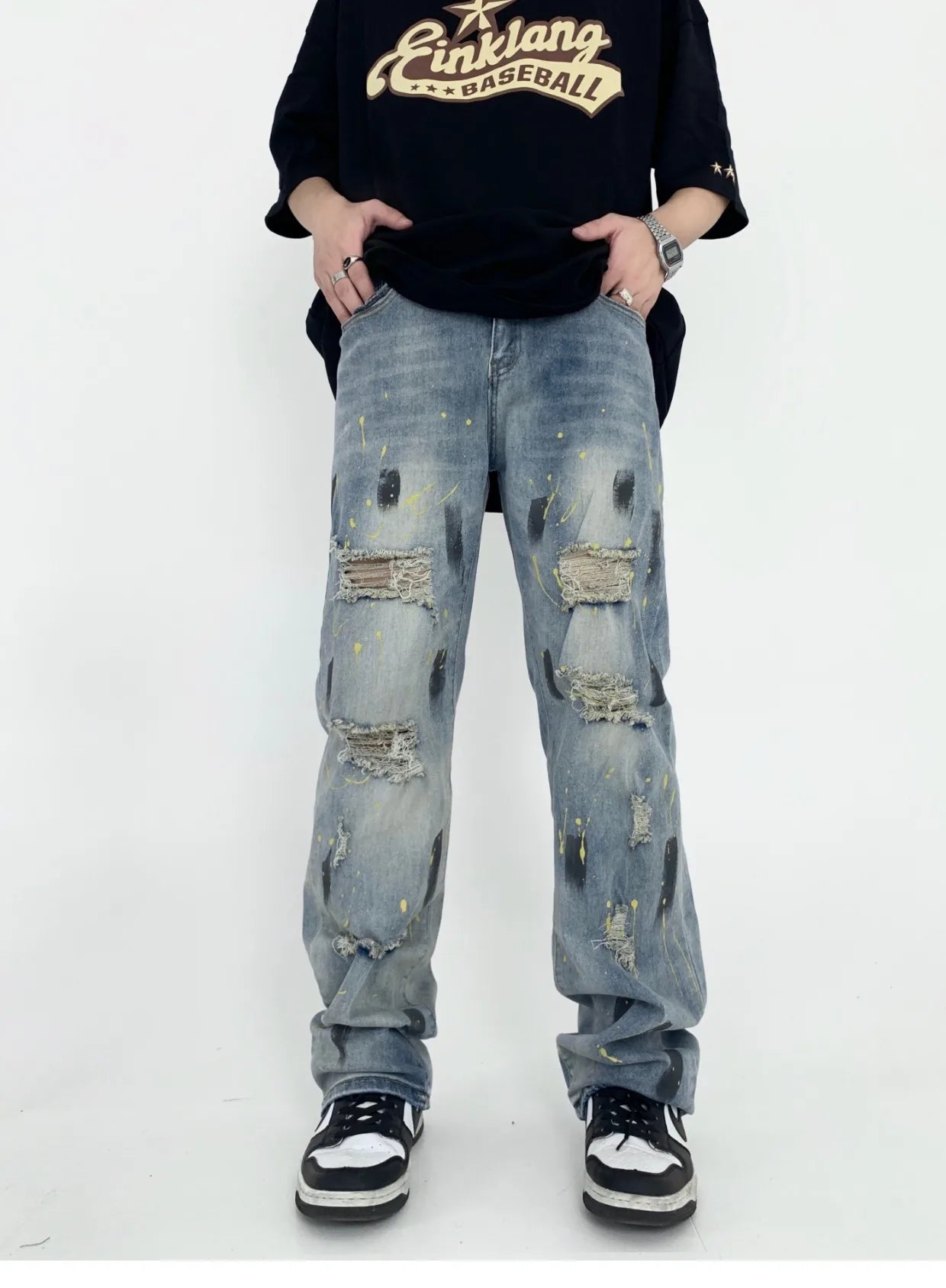 graffiti printed ripped destroied straight denim jean men hip hop distressed biker jeans fashion casual high street pants jogger unique joggers style 1619