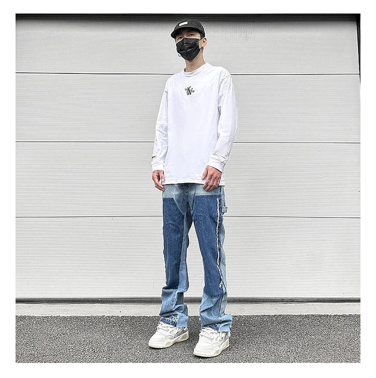 patchwork design denim flare jeans pants men casual zipper straight biker trousers jeans fashion streetwear hip hop jean joggers unique joggers style 2604
