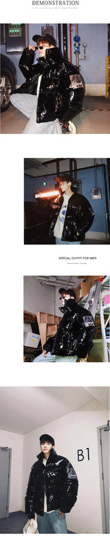 Winter Jacket Men Parkas Thicken Warm Coat Stand Collar Oversize Parkas Bright Leather Fabric Jacket Korean Style Padded Coat