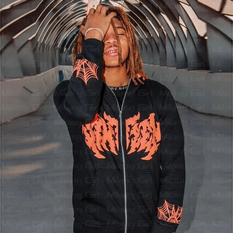 Women Men Zip Up Punk Jackets Halloween Long Sleeve Y2K Hoodies Goth H