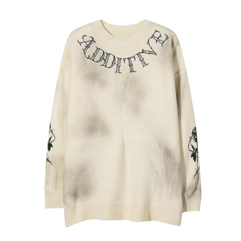 hip hop knitted sweater streetwear mens letter rose printed punk gothic oversized o neck pullover jumpers harajuku loose tops urban wear with bold artwork, unique limited edition hoodie, aesthetic street look hoodie