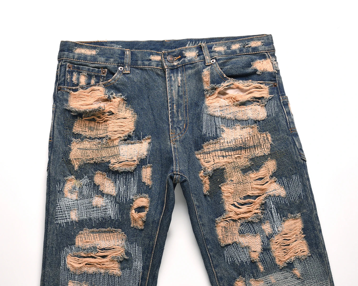 high street hole distressed ripped straight baggy jeans for men washed patchwork casual cargo pants oversized denim trousers unique cargo style 2873