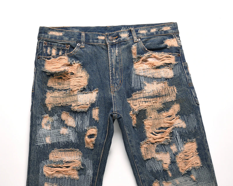 high street hole distressed ripped straight baggy jeans for men washed patchwork casual cargo pants oversized denim trousers unique cargo style 2873