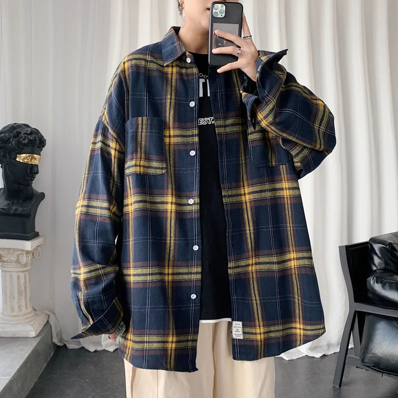 Long Sleeved Shirt Men Fashion Retro Plaid Shirt Men Streetwear Korean Loose Casual