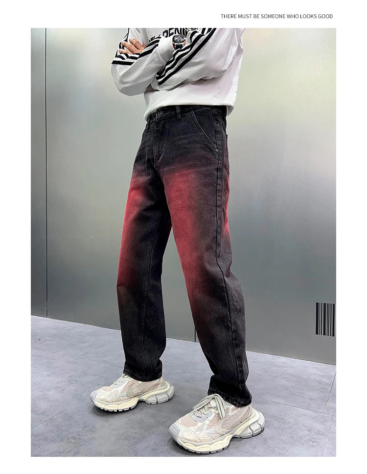 2024 spring autumn high street wide leg denim pants men render red loose straight jeans y2k fashion streetwear baggy trousers unique jeans style 4411