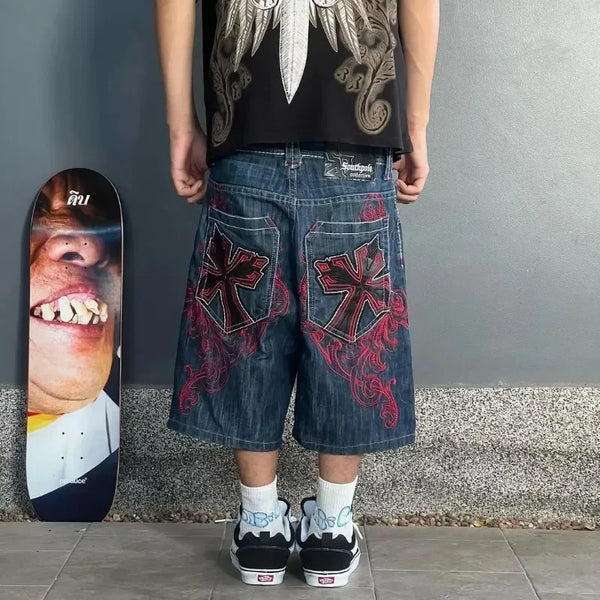 2024 new fashion comfortable versatile Gothic punk cross graphic print design casual denim short for men casual jorts shorts y2k