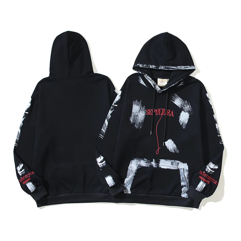 Retro Distressed Graffiti Letter Embroidery Washed Black Sweatshirts M