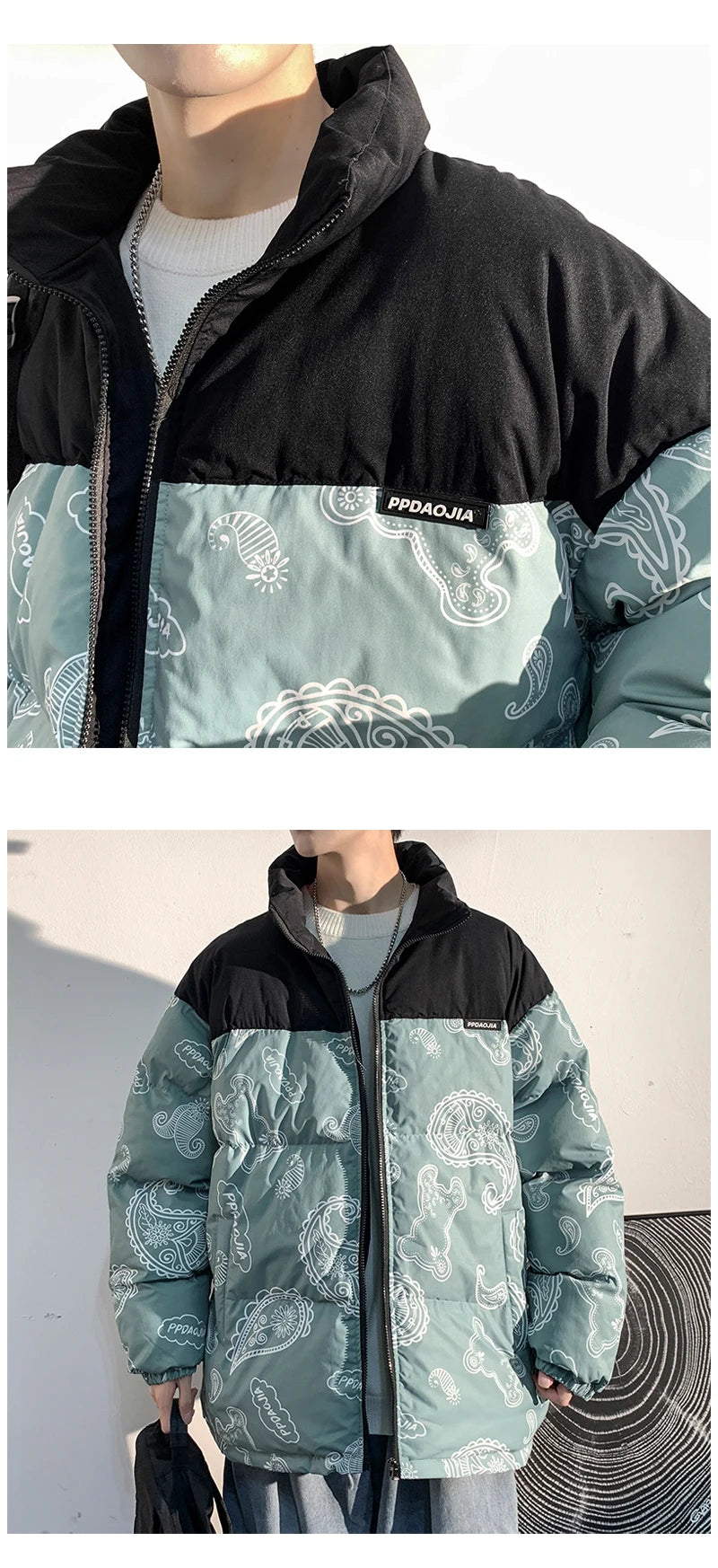 Men Japanese Streetwear Puffer Jackets 2023 Winter Mens Full Print Fashions Bubble Coat Couple Patchwork Thick Parkas
