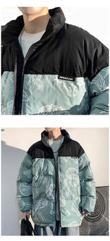 Men Japanese Streetwear Puffer Jackets 2023 Winter Mens Full Print Fashions Bubble Coat Couple Patchwork Thick Parkas