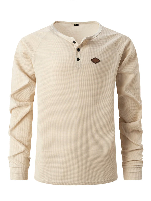2024 New vintage Waffle Men's Henry shirt with button-down crew-neck and long sleeves